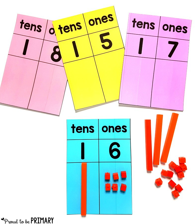 numbers represented with base ten blocks on place value mats - building number sense to 20