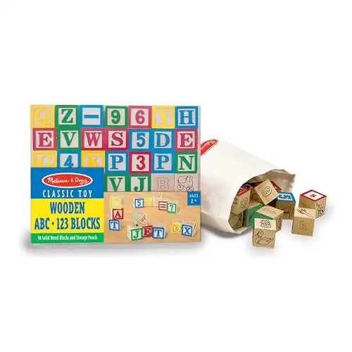 Melissa & Doug Deluxe ABC/123 1-Inch Blocks Set With Storage Pouch (50 pcs) - Letters And Numbers/ABC Classic Wooden Blocks For Toddlers And Kids Ages 2+