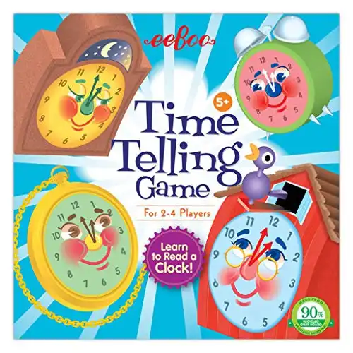eeBoo: Time Telling Game, Develops Time Telling Skills, Learn to Read a Clock, Includes a Score Pad, 4 Clocks, and 50 Game Cards, for 2 to 4 Players, Perfect for Ages 5 and up