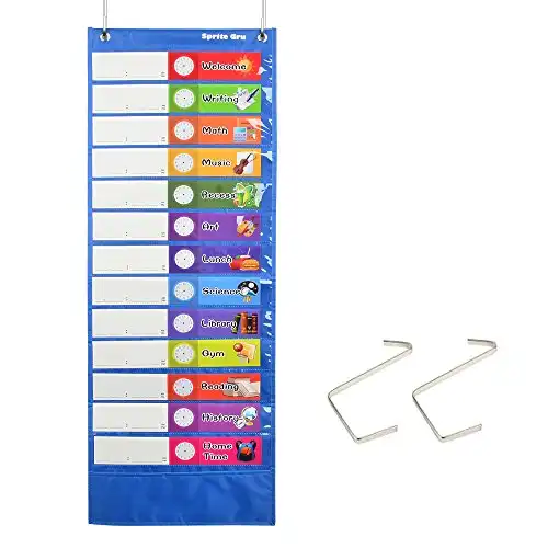 Daily Schedule Pocket Chart， Class Schedule with 26 Cards, 13+1 Pockets. 13 colored + 13 blank double-sided reusable Cards, Easy Over-door Mountings included. (13” x 36”)
