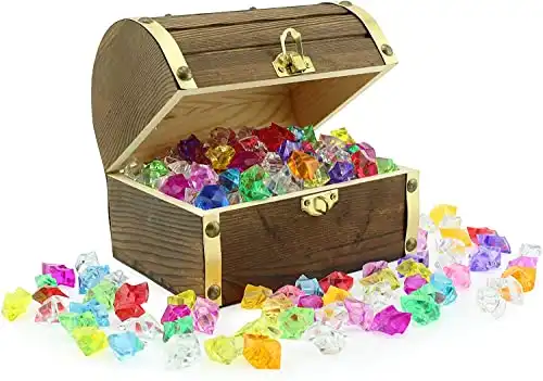 Attatoy Wooden Pirate Treasure Chest with 240 Colored "Jewels" (Plastic Gems); 6" x 4.5" x 5" Antique Style Wood Box; 1 Lb. Acrylic Gemstones