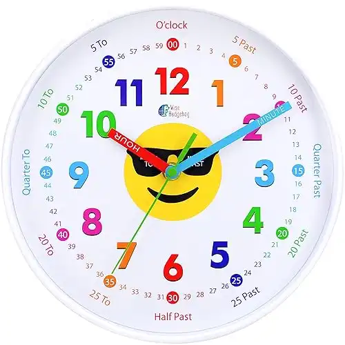 WISE HEDGEHOG Telling Time Teaching Clock, 12 inch Silent Movement Analog Learning Clock for Kids, Perfect Room & Wall Decor for Classrooms, Playrooms and Kids Bedrooms